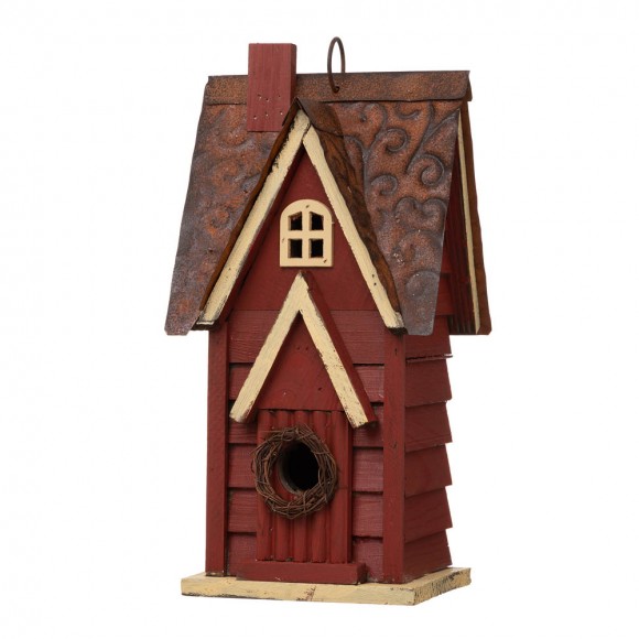 Glitzhome 12"H Red Distressed Solid Wood Cottage Birdhouse