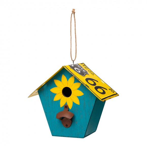 Glitzhome 10.75"L Wood/Metal Light Blue Birdhouse with Licence Plate Roof