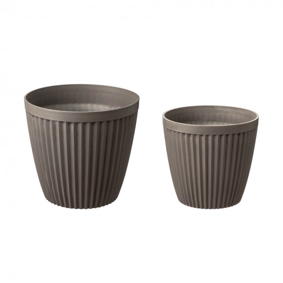 Glitzhome Eco-friendly Large Faux Concrete Round Plastic Fluted Pot Planters, Set of 2