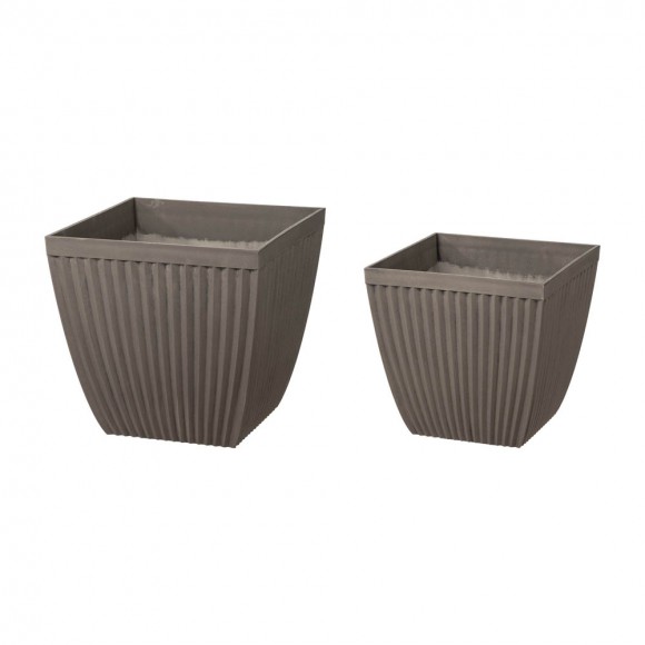 Glitzhome Eco-friendly Large Faux Concrete Square Plastic Fluted Pot Planters, Set of 2