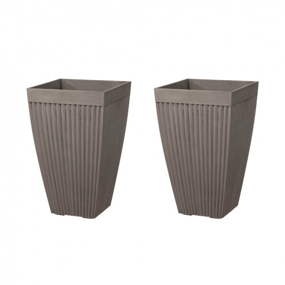 Glitzhome Eco-friendly Large Faux Concrete Tall Square Plastic Fluted Pot Planters, Set of 2