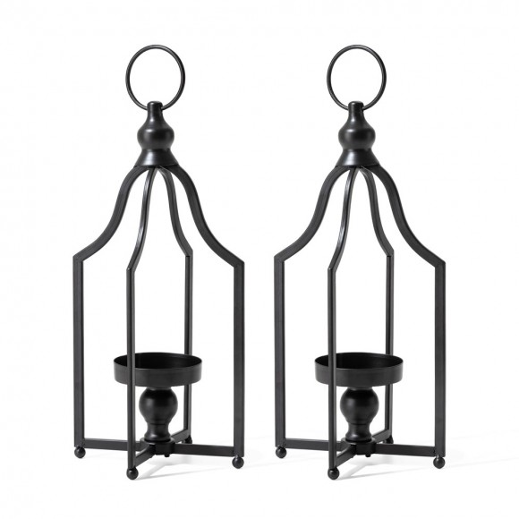 Glitzhome 16.50"H Modern Farmhouse Black Metal Candle Lantern, Set of 2