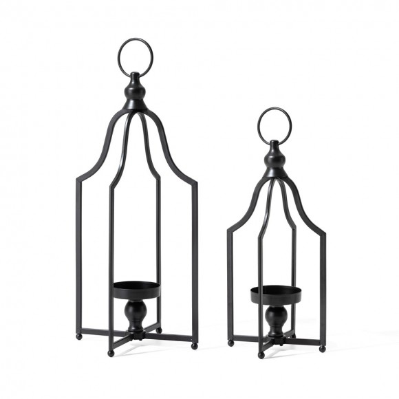 Glitzhome Large and Small Modern Farmhouse Black Metal Candle Lantern, Set of 2