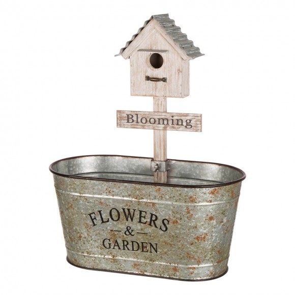 Glitzhome 24.5"H Farmhouse Galvanized Metal Outdoor Plant Stand with a Birdhouse Décor