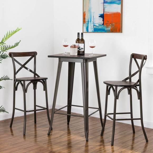 Glitzhome Set of 2 Rustic Steel Bar Stools and One Rustic Steel Square Bar Table