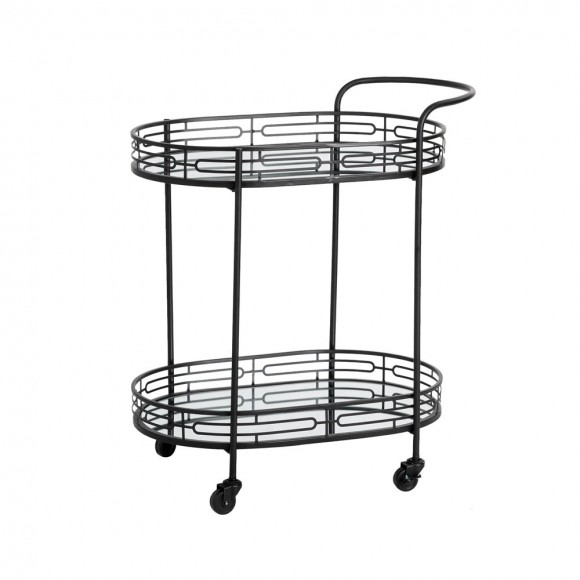 Glitzhome 30.75"H Black Deluxe 2-Tier Metal Oval Mirrored Bar Cart