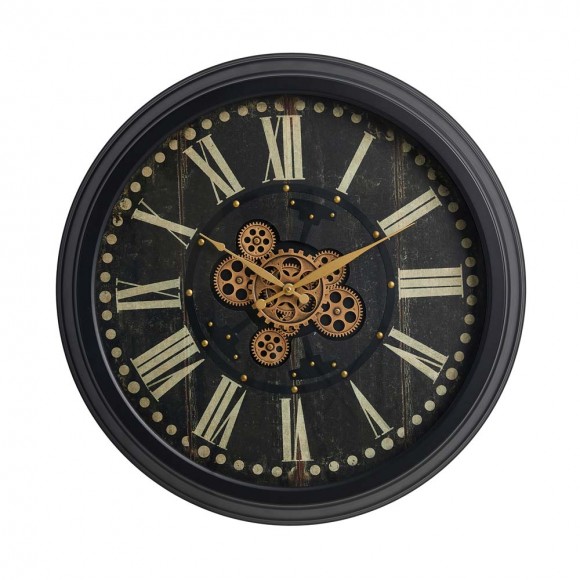 Glitzhome 27.50"D Oversized  Vintage Round Black Gear Clock With Tempered Glass