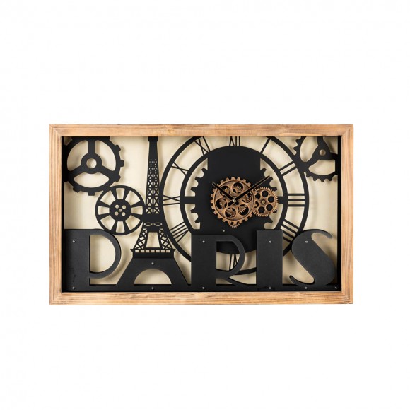 Glitzhome 30.00"L Industrial Metal/Wood Eiffel Tower Silhouette Gear Wall Clock (without glass)