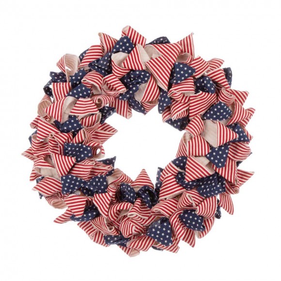 Glitzhome 19"D Fabric Patriotic Stripes and Stars Wreath