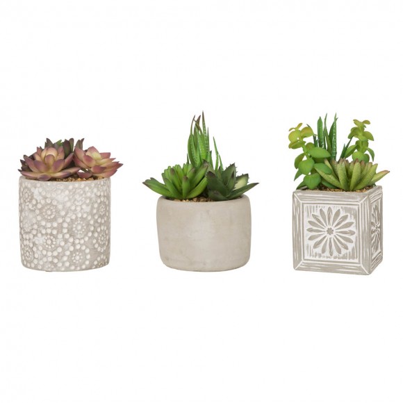 Glitzhome Artificial Succulent Plants in Cement Pots, Set of 3