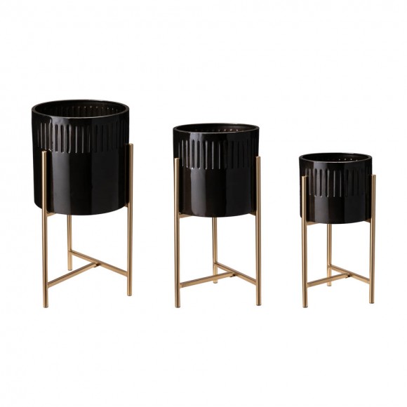 Glitzhome Modern Glossy Black Metal Plant Stands, Set of 3