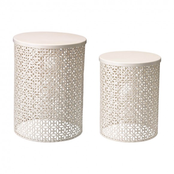Glitzhome Set of 2 Cream White Metal Garden Stool or Plant Stand or Accent Table (Multi-functional)
