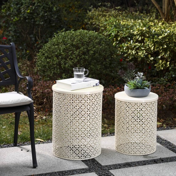 [OFFICIAL] Glitzhome Set of 2 Cream White Metal Garden Stool, Plant