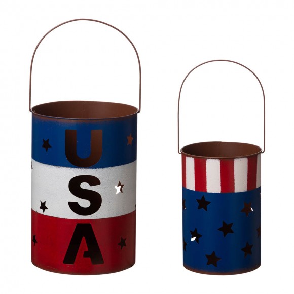 Glitzhome Metal Patriotic Bucket Lantern, Set of 2