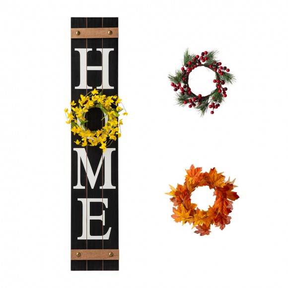 Glitzhome 42"H Wooden Black HOME Porch Sign With 3 Interchangeable Wreathes（Spring/Fall/Christmas）