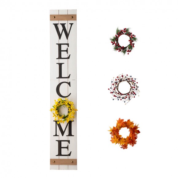 Glitzhome 60"H Wooden White WELCOME Porch Sign With 4 Interchangeable Wreathes（Spring/Patriotic/Fall/Christmas）