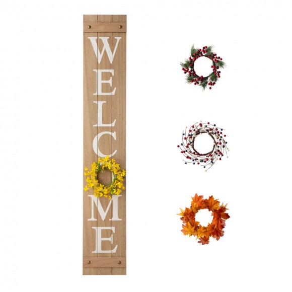 Glitzhome 60"H Wooden Brown WELCOME Porch Sign With 4 Interchangeable Wreathes（Spring/Patriotic/Fall/Christmas）