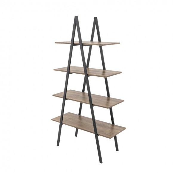 Glitzhome 64.5"H Modern Industrial Rustic Oak Melamine 4-Tier Leaning Bookcases & Ladder Shelves