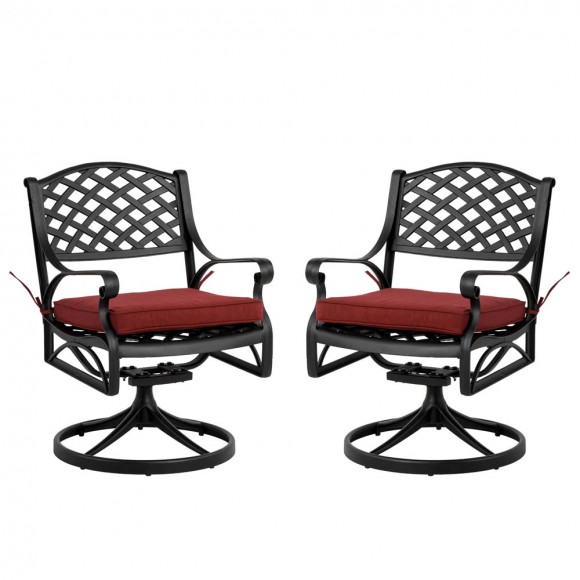 Elm PLUS 2 Piece Cast Aluminum Patio Dining Swivel Chair with Red Cushion, Olefin Fabric