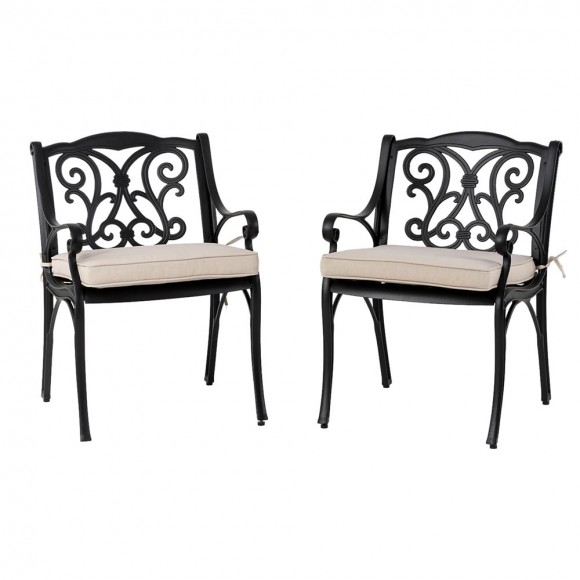 Elm PLUS Set of 2 Cast Aluminum Patio Dining Chairs with Beige Cushions, Olefin Fabric