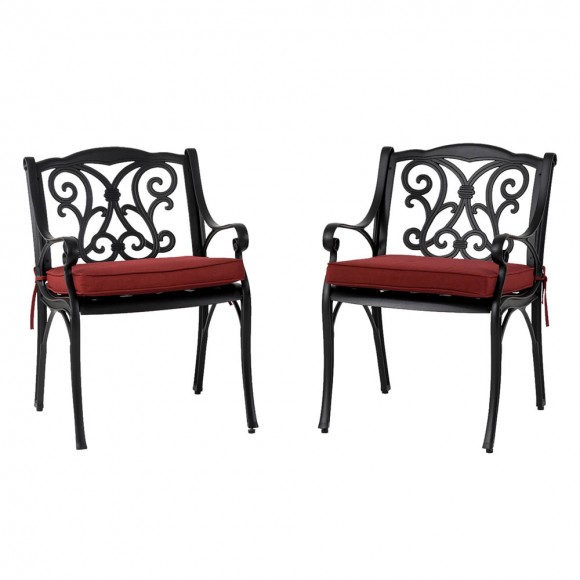 Elm PLUS Set of 2 Cast Aluminum Patio Dining Chairs with Wine Red Cushions, Olefin Fabric