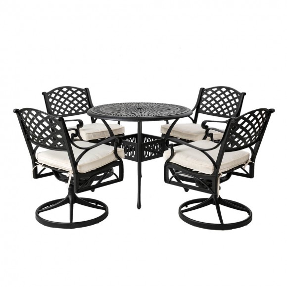 Elm PLUS 5 Piece Cast Aluminum Patio Swivel Dining Set with Beige Cushions, Olefin Fabric,