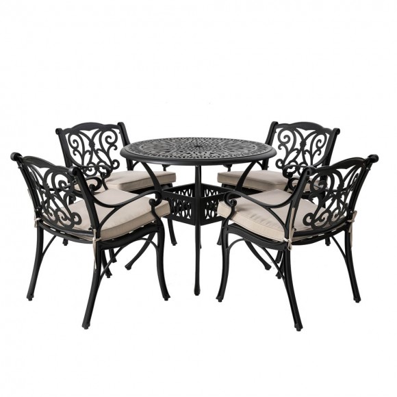 Elm PLUS 5 Piece Cast Aluminum Patio Dining Set with Beige Cushions, Olefin Fabric