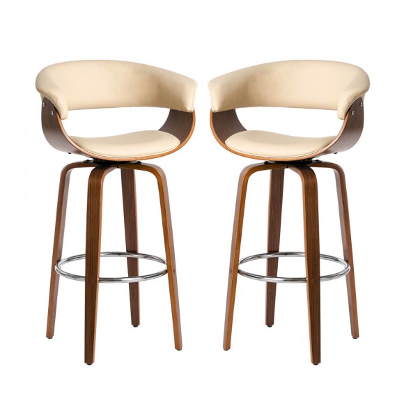 Glitzhome Mid-century Modern Cream PU Leather/Walnut bentwood Swivel Bar Chair, Set of 2