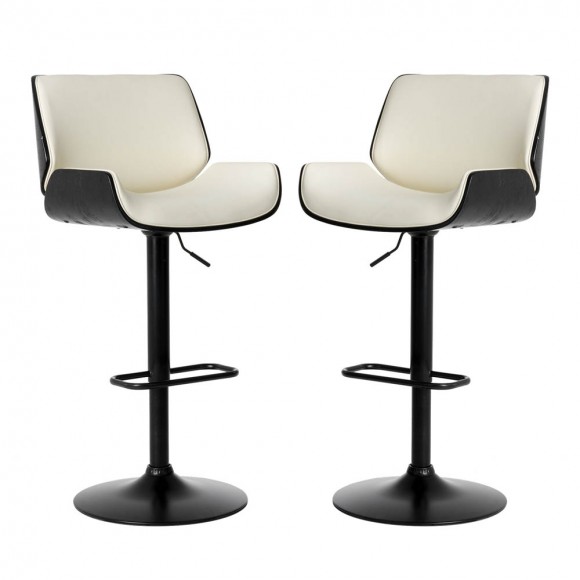 Glitzhome Mid-century Modern White PU and Black Bentwood Adjustable Height Swivel Bar Stool, Set of 2