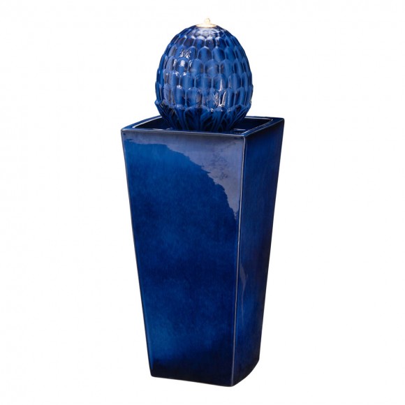 Glitzhome 35.75"H Oversized Cobalt Blue Artichoke Pedestal Ceramic Fountain with Pump and LED Light