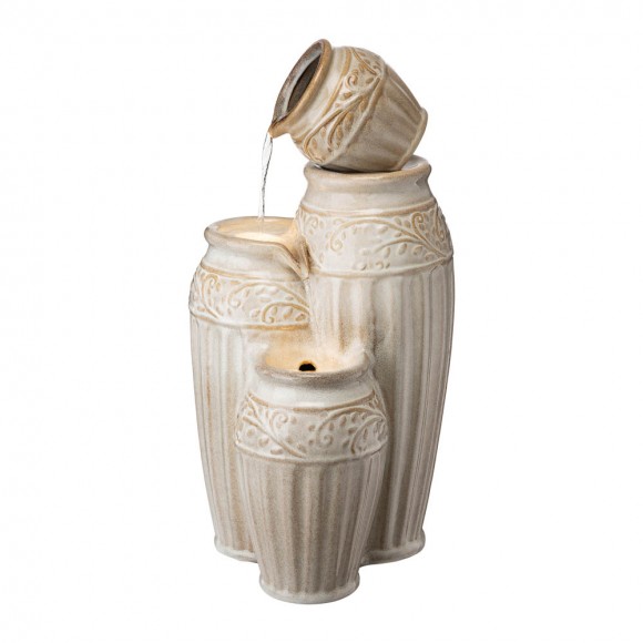 Glitzhome 27.25"H 3-Tier Sand Beige Embossed Pattern Ceramic Pots Fountain with Pump and LED Light