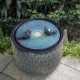 Glitzhome 14.75"D Turquoise Two Birds Embossed Leaf Pattern Cylindrical Ceramic Fountain with Pump and LED Light