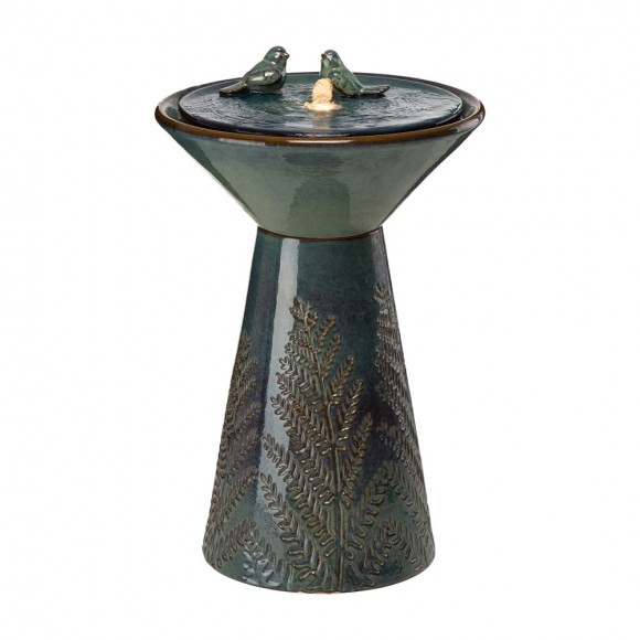 Glitzhome 27.5"H Turquoise Two Birds Embossed Plant Pattern Pedestal Ceramic Fountain with Pump and LED Light