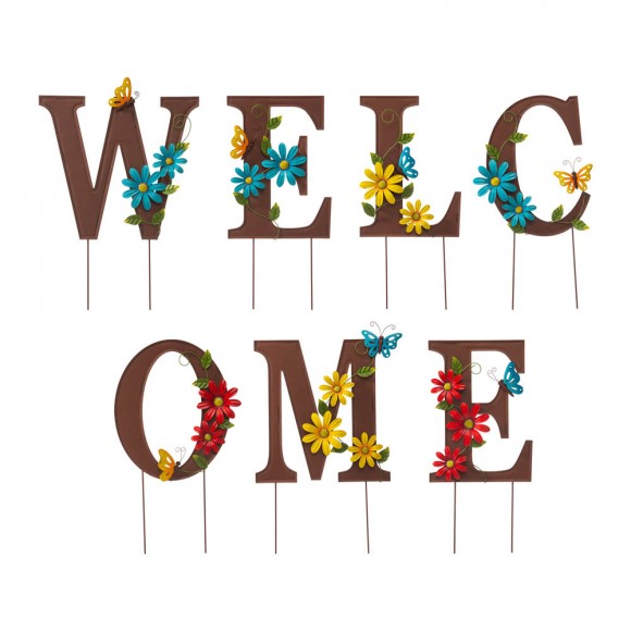 Glitzhome 25.5"H Metal WELCOME with Flowers Yard Stakes or Wall Decor, Set of 7