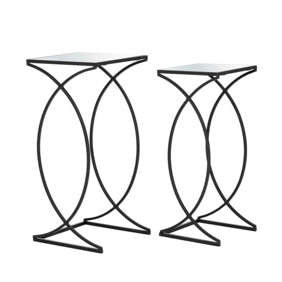 Glitzhome Black Metal Nesting Accent Table with Square Glass Top, Set of 2