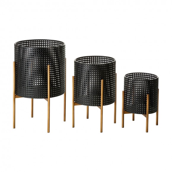 Glitzhome Faux Wicker Black Metal Pot Planter Stand, Set of 3