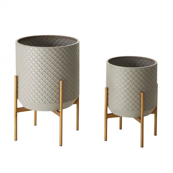 Glitzhome Concrete Patterned Metal Pot Planter Stand, Set of 2