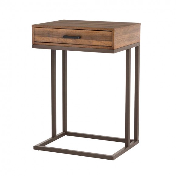 Glitzhome 26"H Modern Industrial Brown Wood/Metal C Side & End Table with a Drawer and 2 USB Charging Ports