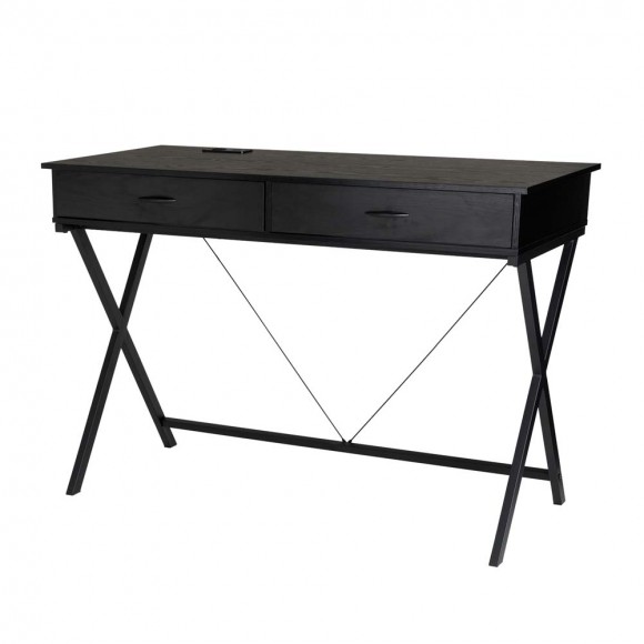 Glitzhome 43.25"L Modern Industrial Black Wood/Metal Writing Desk With 1 Outlets and 2 USB Charging Ports