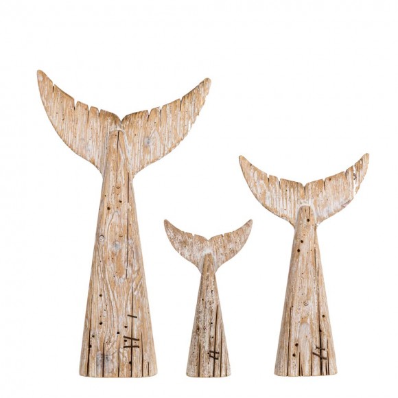 Glitzhome Coastal Weathered Wood Whale Tail Table Decor, Set of 3