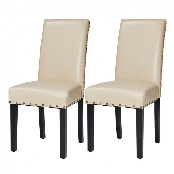 Glitzhome High-Back Beige PU Upholstered Dining Chair with Studded Decor, Set of 2