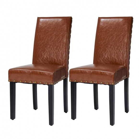 Glitzhome High-Back Brown PU Upholstered Dining Chair with Studded Decor, Set of 2