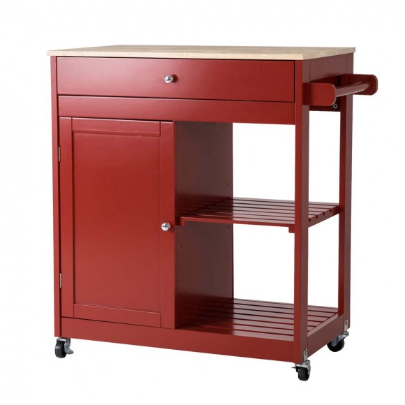 Glitzhome 34.25"H Red Wooden Basic Kitchen Cart/Island with Solid Oak Top