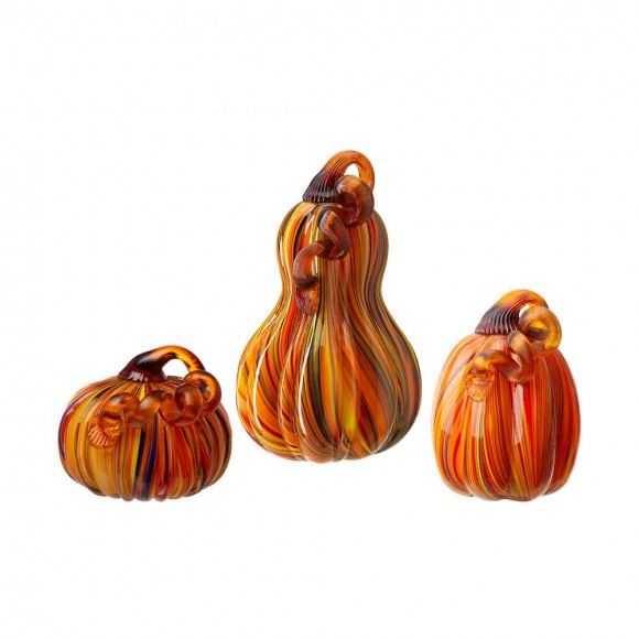 Glitzhome S/3 Multi Striped Glass Pumpkin & Gourd Decor