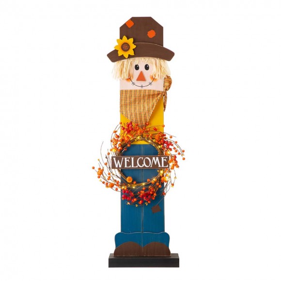 Glitzhome 42"H Fall Wooden Scarecrow Porch Decor with A Lighted Wreath