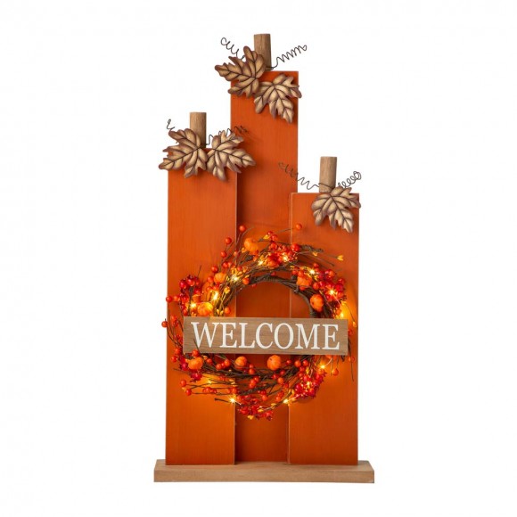 Glitzhome 30"H Fall Lighted Wooden Pumpkin Décor with Wreath