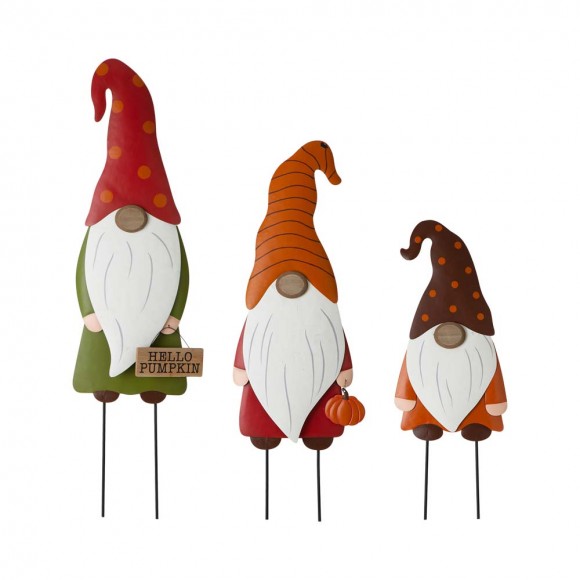 Glitzhome Fall Metal Gnome Family Yard Stake or Wall Décor or Standing Decor, Set of 3 (Three Functions) 