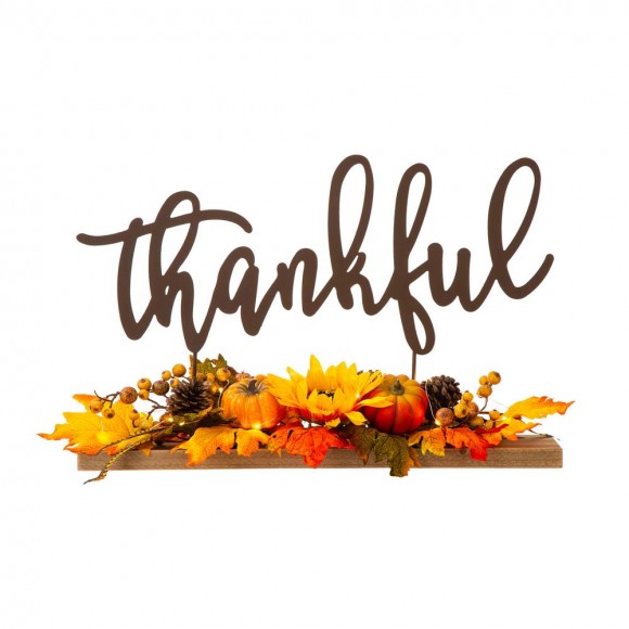 Glitzhome 24"L Lighted Metal "Thankful" Centerpiece Table Décor with Floral