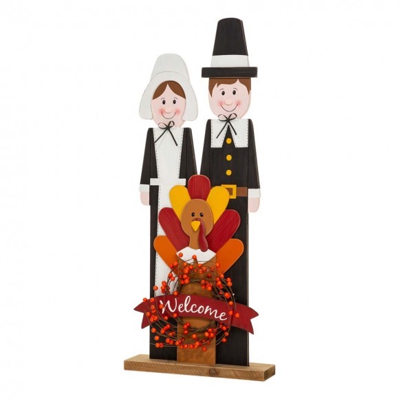 Glitzhome 36"H Thanksgiving Wooden Pilgrim Couple Poch Décor