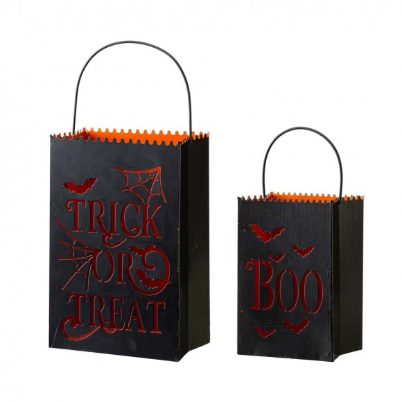 Glitzhome Black Halloween Metal Cutout "TRICK OR TREAT" Bucket, Set of 2